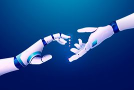 机械臂牵手设计AI科技背景矢量素材