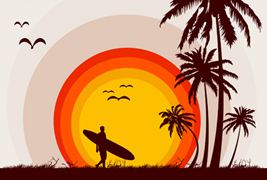夕阳下的热带海滩剪影海报设计矢量模板素材下载