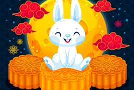 坐在月饼上的兔子中秋节矢量素材