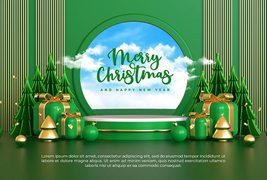 绿色立体的圣诞快乐和新年快乐舞台素材