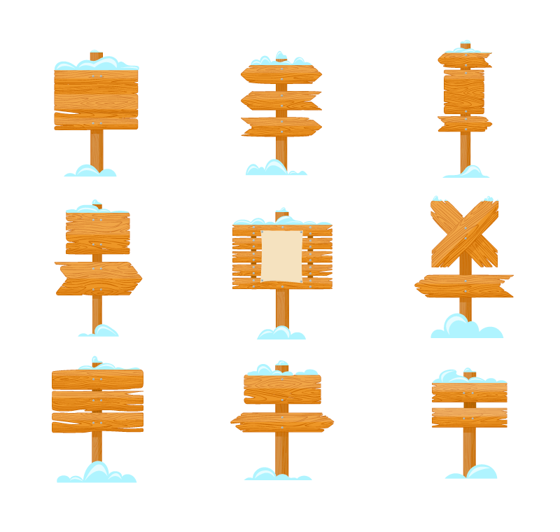 九个被雪覆盖的木制指示牌矢量素材