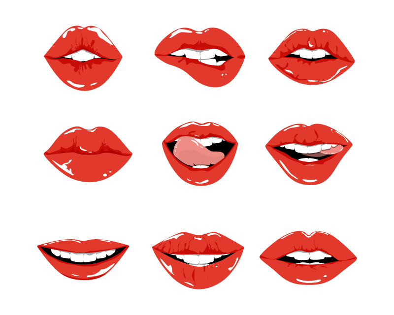 九个涂口红的性感嘴唇矢量素材