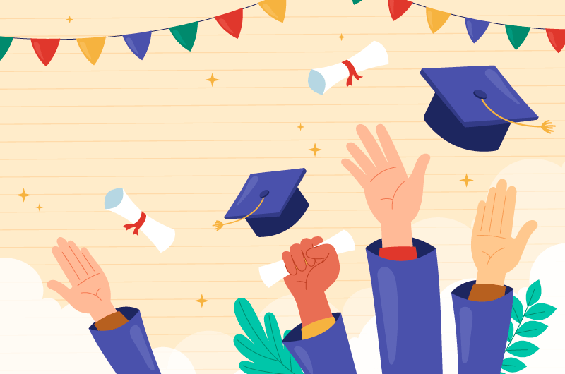 高举学士帽和学位证书庆祝毕业的学子们矢量素材