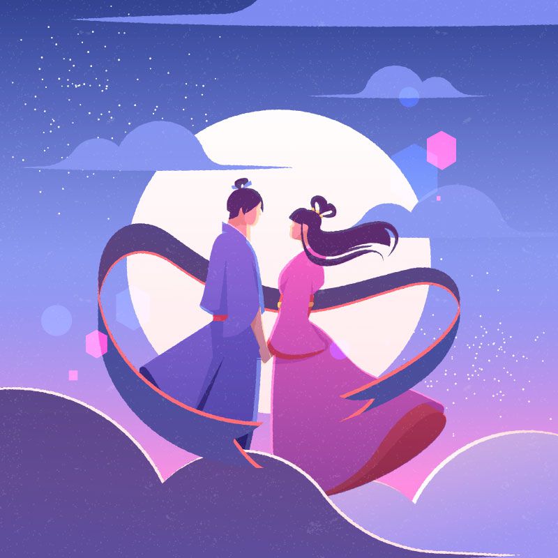 在月亮上相遇的牛郎织女七夕节背景矢量素材