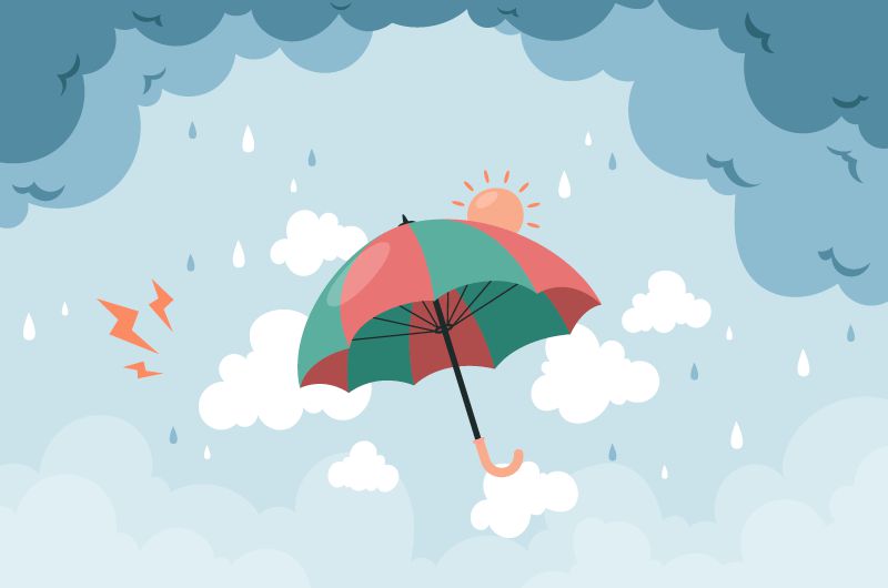太阳雨下的雨伞设计雨季背景矢量素材