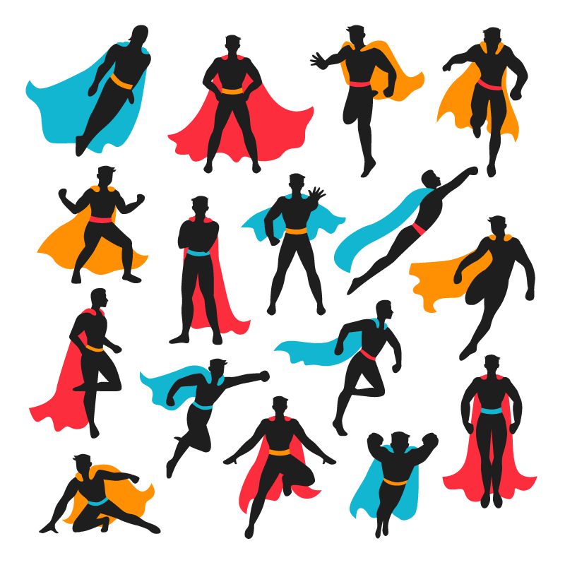 不同颜色披风和不同姿势的超级英雄剪影矢量素材