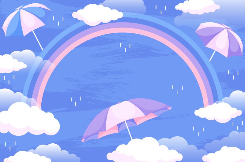 雨后彩虹和雨伞设计雨季背景矢量素材